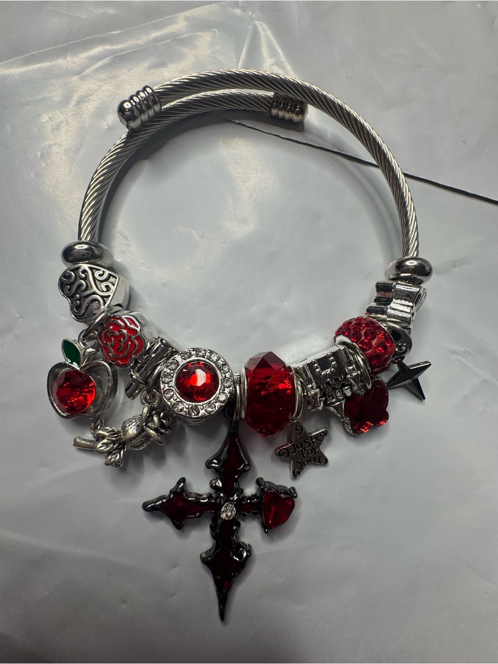 Red Crystal Charm Bracelet - Silver Cable Bangle